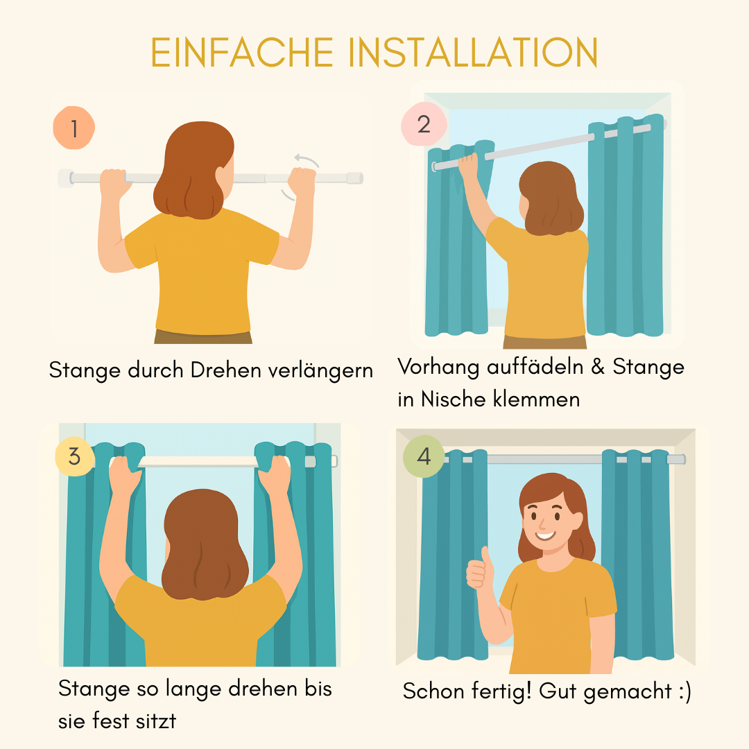 Premium Teleskopstange, 1-Minuten-Montage ohne Bohren, als Duschvorhangstange, für Schranksysteme & Nischen, Perfekte Passform & Eleganz trifft auf Funktionalität