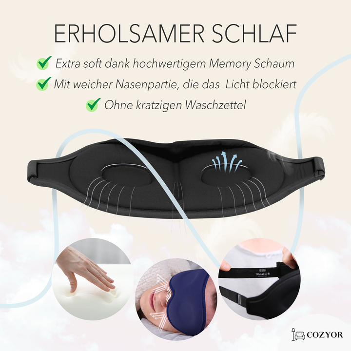 Schlafmaske 100% Blackout-Effekt 3D Augenmaske mit ergonomischem Design + Ohrstöpsel , extra Polsterung und variable Passform