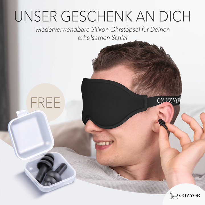 Schlafmaske 100% Blackout-Effekt 3D Augenmaske mit ergonomischem Design + Ohrstöpsel , extra Polsterung und variable Passform