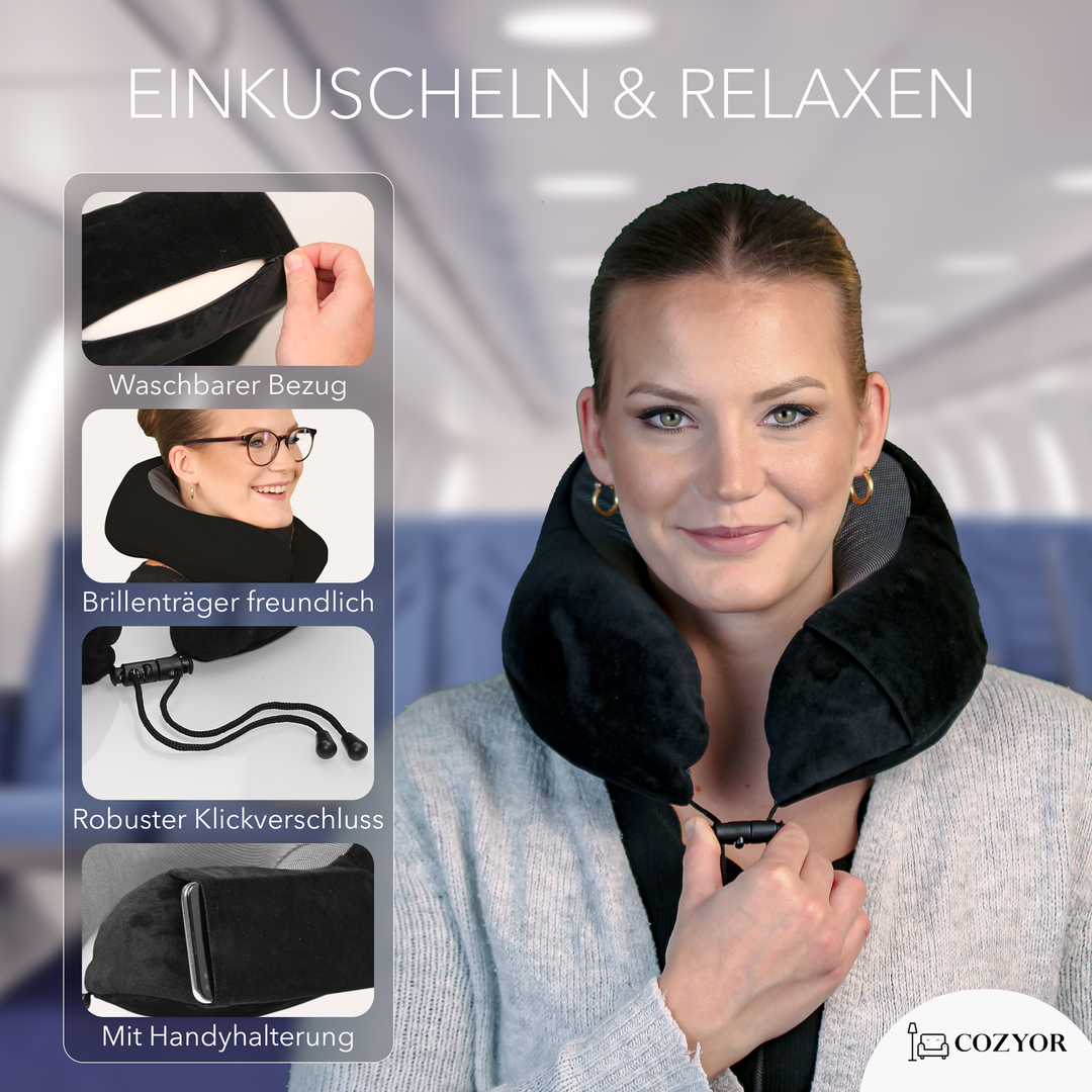 Cozyor Nackenkissen mit verstellbarem Verschluss + praktischer Tasche, Memoryschaum, waschbarer Bezug, ideal zum Reisen und für zu Hause