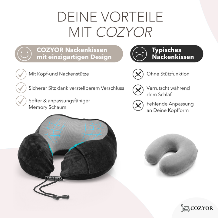 Cozyor Nackenkissen mit verstellbarem Verschluss + praktischer Tasche, Memoryschaum, waschbarer Bezug, ideal zum Reisen und für zu Hause