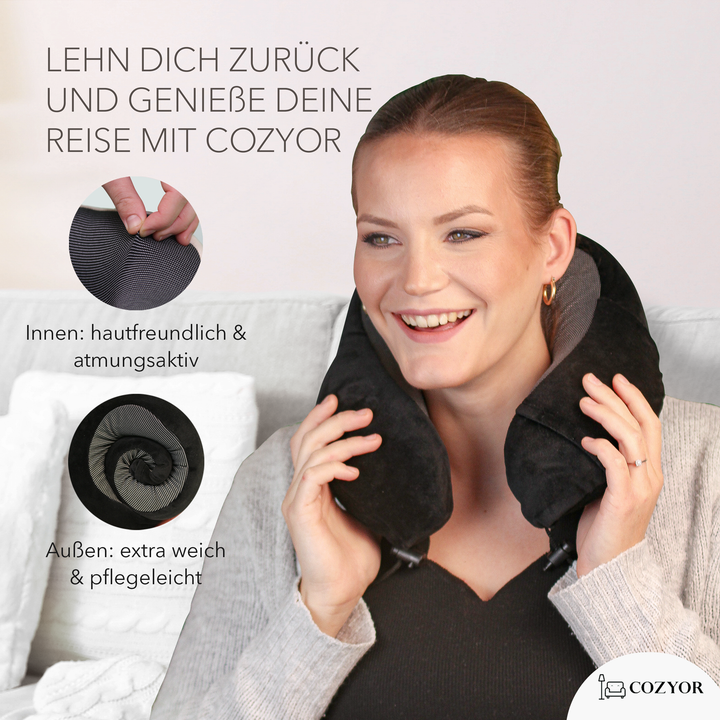 Cozyor Nackenkissen mit verstellbarem Verschluss + praktischer Tasche, Memoryschaum, waschbarer Bezug, ideal zum Reisen und für zu Hause