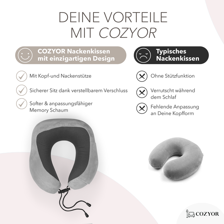 Cozyor Nackenkissen mit verstellbarem Verschluss + praktischer Tasche, Memoryschaum, waschbarer Bezug, ideal zum Reisen und für zu Hause