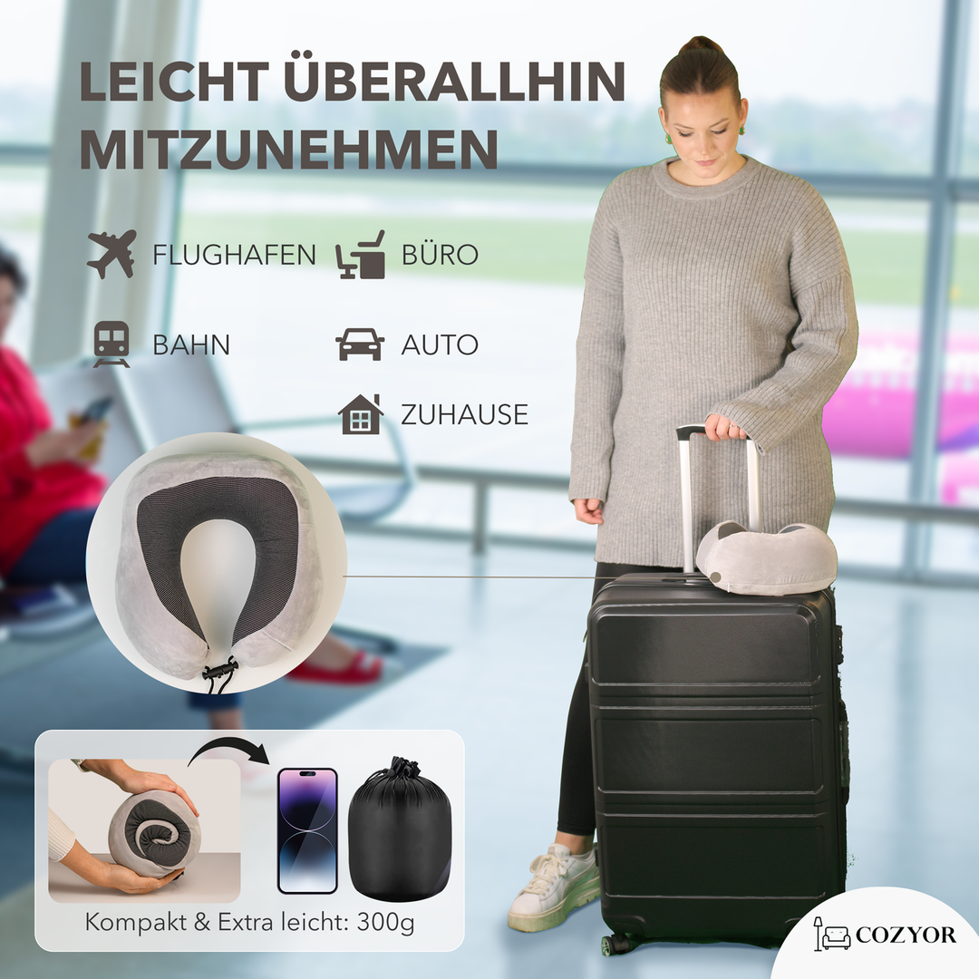 Cozyor Nackenkissen mit verstellbarem Verschluss + praktischer Tasche, Memoryschaum, waschbarer Bezug, ideal zum Reisen und für zu Hause