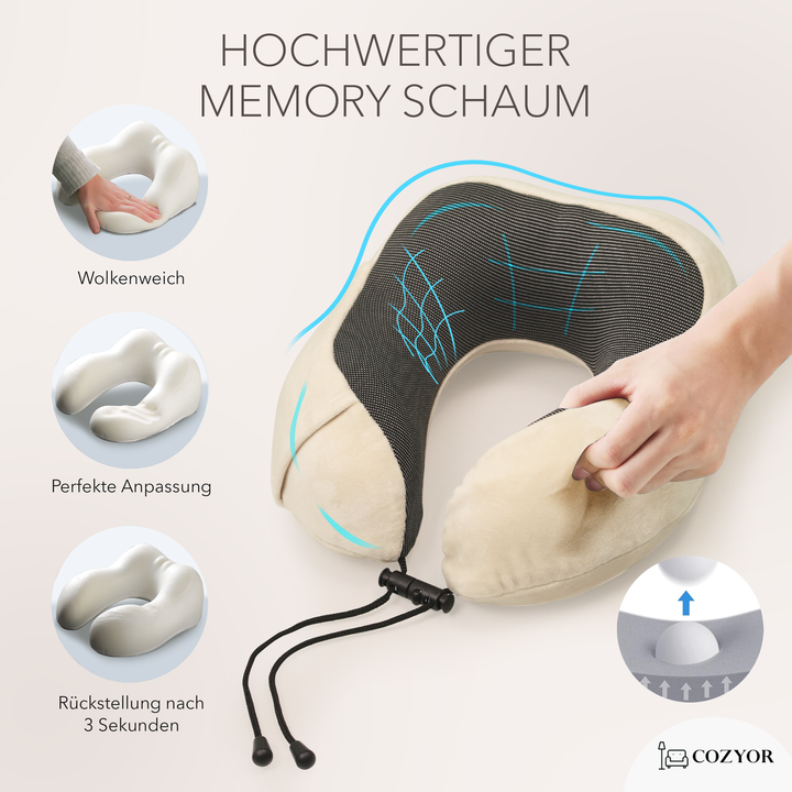 Cozyor Nackenkissen mit verstellbarem Verschluss + praktischer Tasche, Memoryschaum, waschbarer Bezug, ideal zum Reisen und für zu Hause