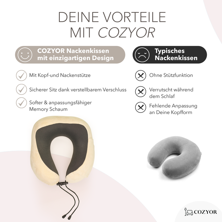 Cozyor Nackenkissen mit verstellbarem Verschluss + praktischer Tasche, Memoryschaum, waschbarer Bezug, ideal zum Reisen und für zu Hause