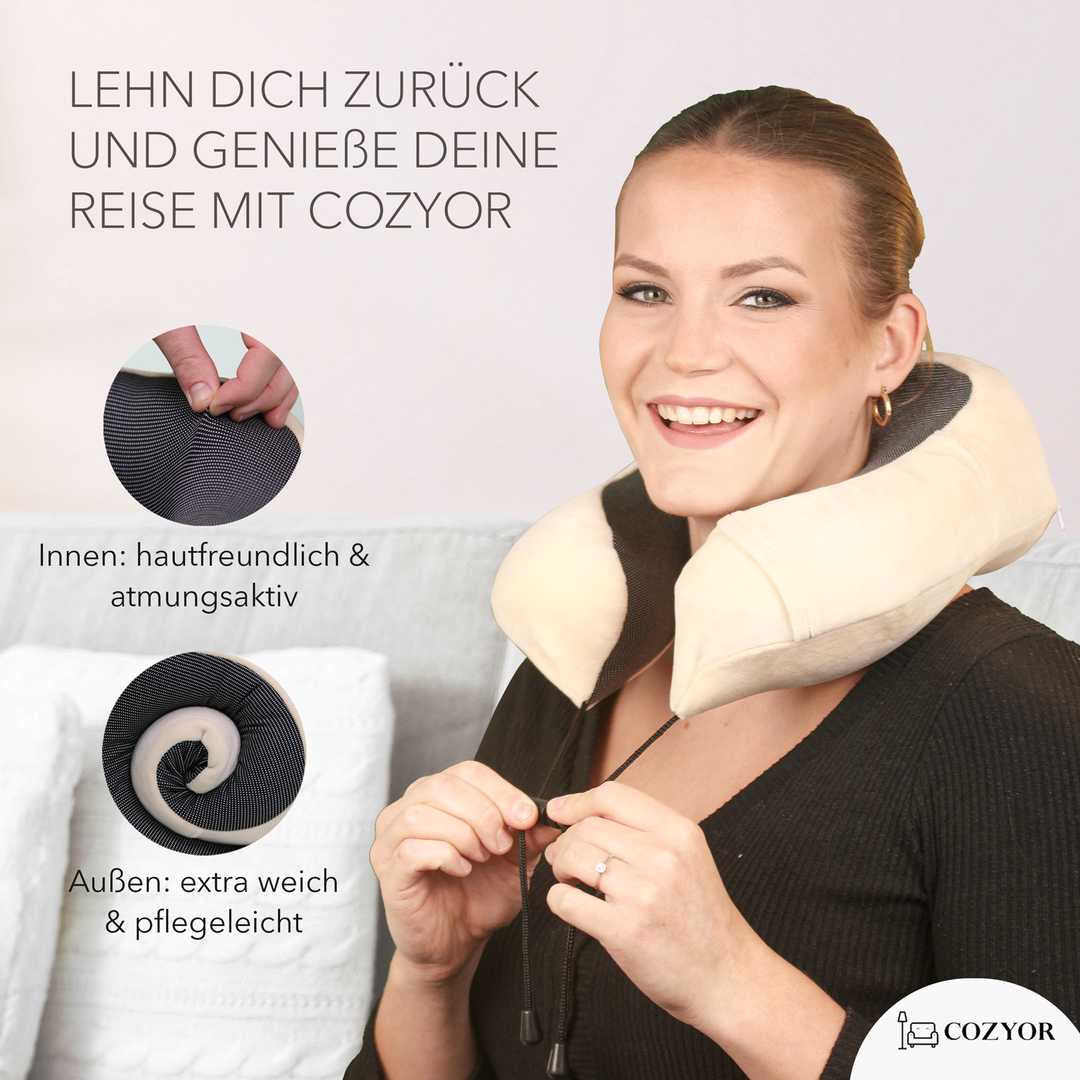 Cozyor Nackenkissen mit verstellbarem Verschluss + praktischer Tasche, Memoryschaum, waschbarer Bezug, ideal zum Reisen und für zu Hause