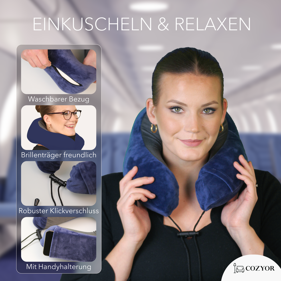 Cozyor Nackenkissen mit verstellbarem Verschluss + praktischer Tasche, Memoryschaum, waschbarer Bezug, ideal zum Reisen und für zu Hause