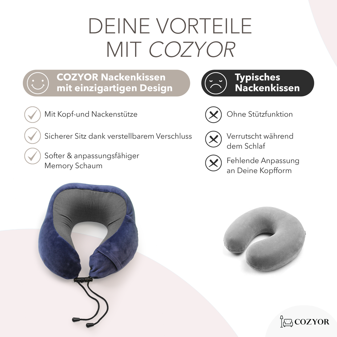 Cozyor Nackenkissen mit verstellbarem Verschluss + praktischer Tasche, Memoryschaum, waschbarer Bezug, ideal zum Reisen und für zu Hause