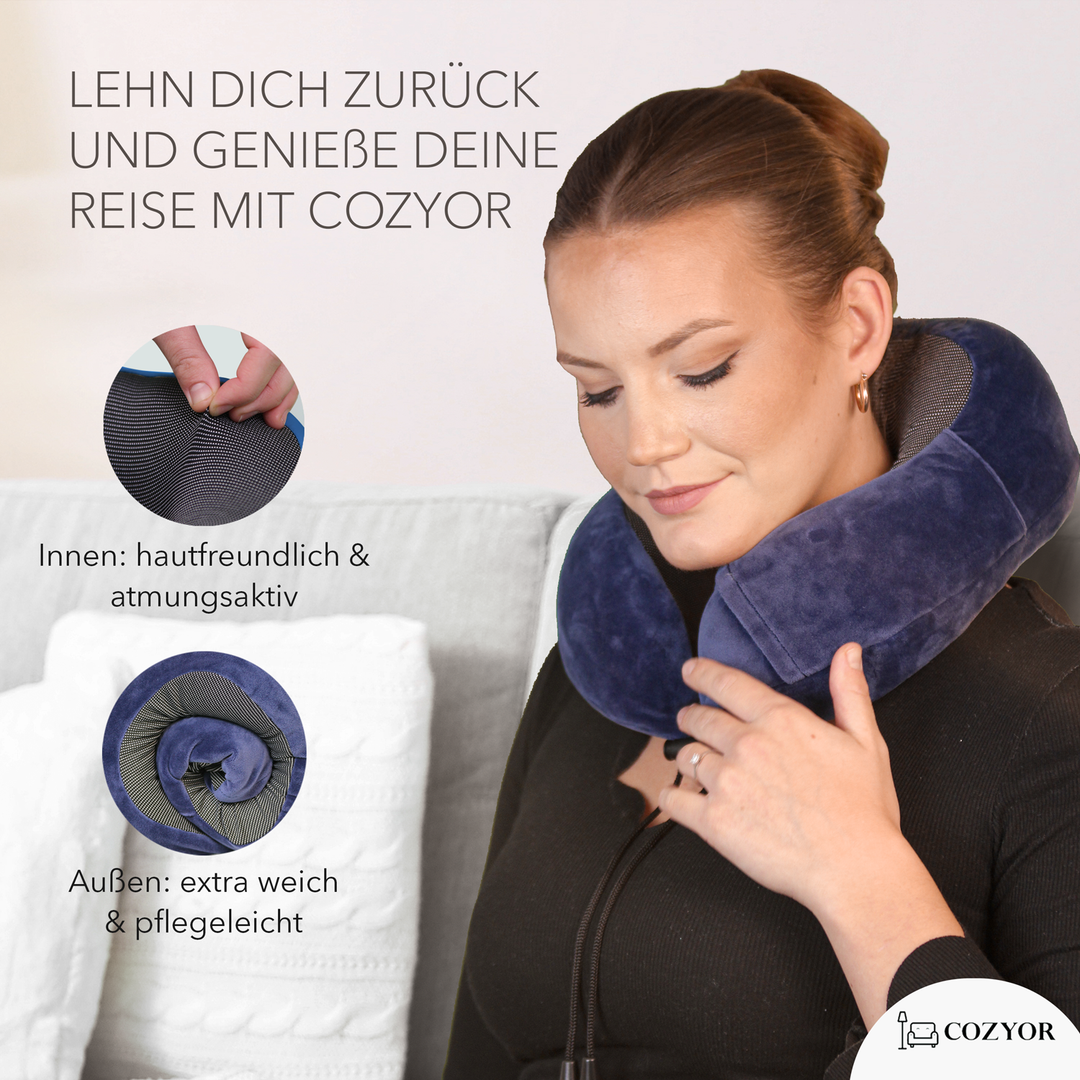 Cozyor Nackenkissen mit verstellbarem Verschluss + praktischer Tasche, Memoryschaum, waschbarer Bezug, ideal zum Reisen und für zu Hause