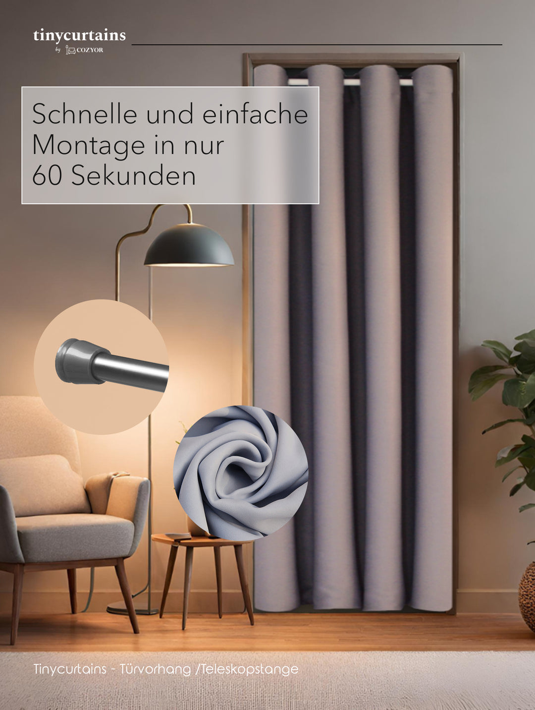 Premium Türvorhang mit weißer Teleskopstange, 1-Minuten-Montage ohne Bohren, Sicht,- Lärmschutz und Thermische Isolation, Perfekte Passform & Eleganz trifft auf Funktionalität