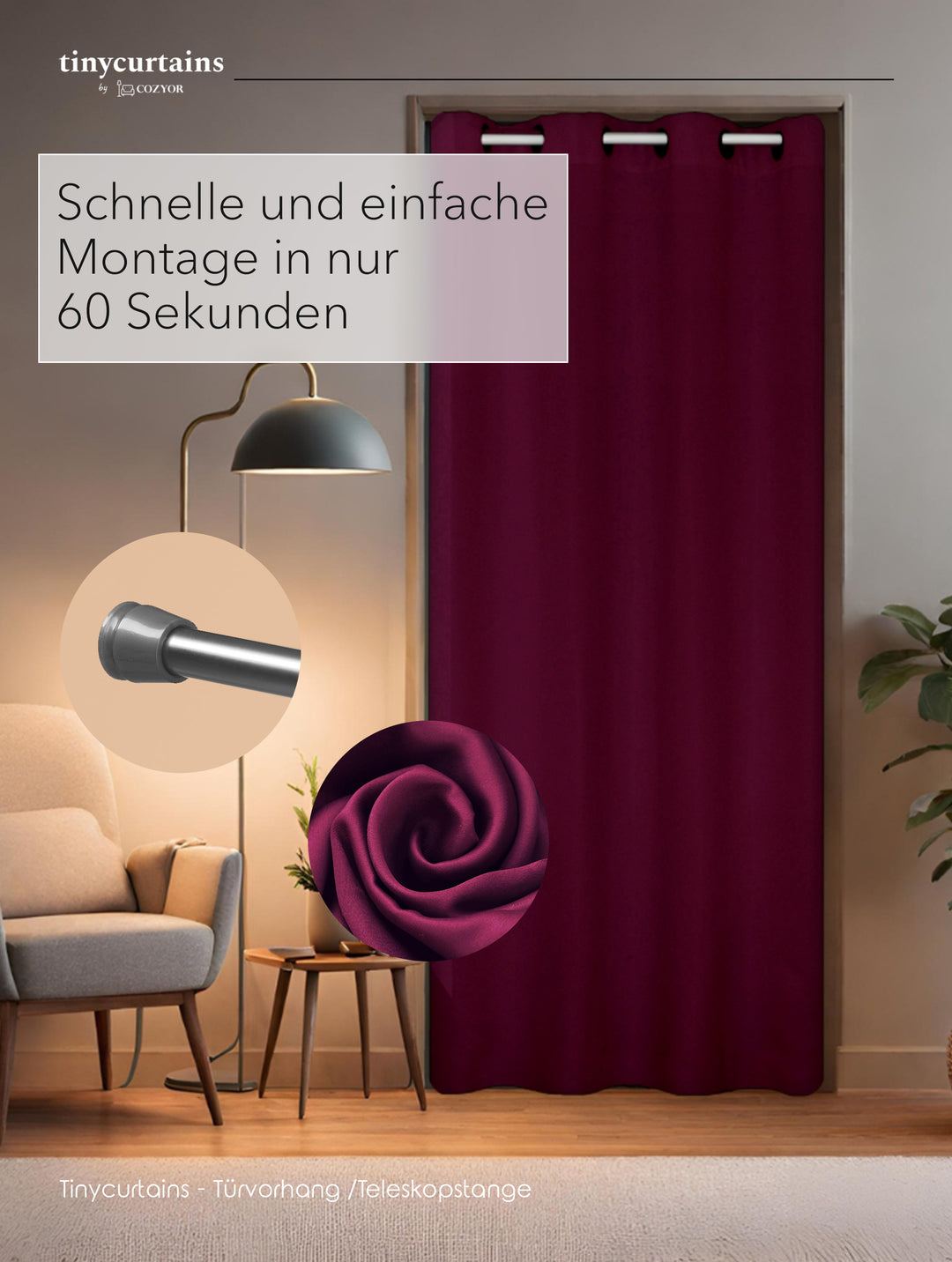 Premium Türvorhang mit weißer Teleskopstange, 1-Minuten-Montage ohne Bohren, Sicht,- Lärmschutz und Thermische Isolation, Perfekte Passform & Eleganz trifft auf Funktionalität