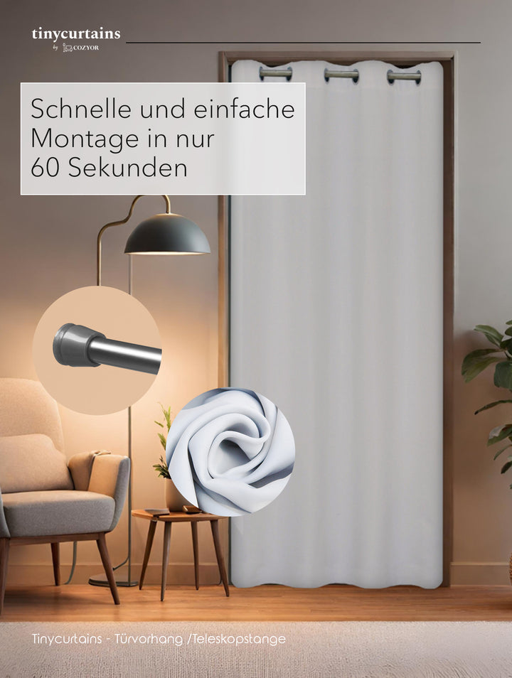 Premium Türvorhang mit weißer Teleskopstange, 1-Minuten-Montage ohne Bohren, Sicht,- Lärmschutz und Thermische Isolation, Perfekte Passform & Eleganz trifft auf Funktionalität