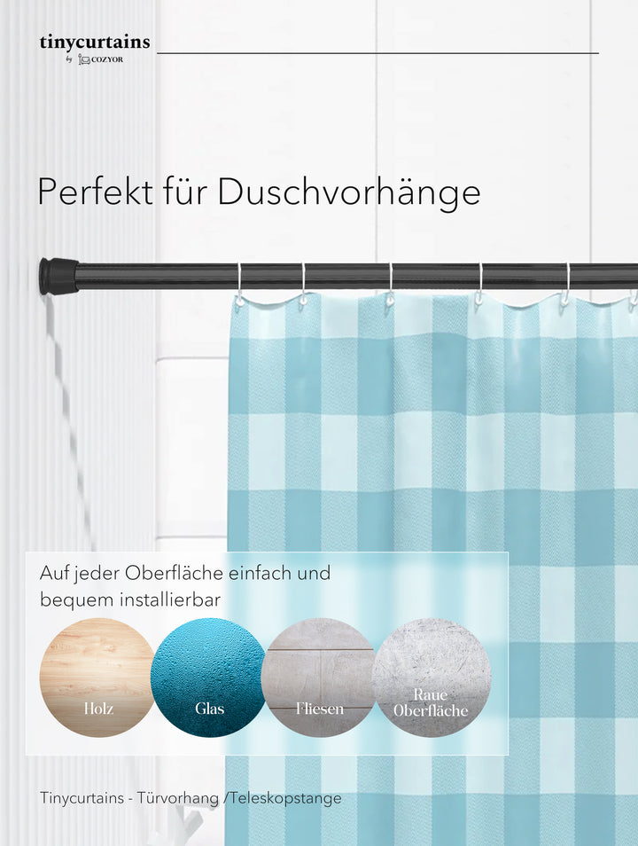 Premium Teleskopstange, 1-Minuten-Montage ohne Bohren, als Duschvorhangstange, für Schranksysteme & Nischen, Perfekte Passform & Eleganz trifft auf Funktionalität