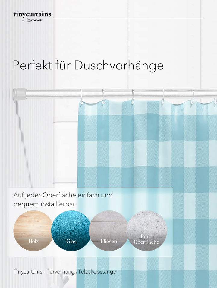 Premium Teleskopstange, 1-Minuten-Montage ohne Bohren, als Duschvorhangstange, für Schranksysteme & Nischen, Perfekte Passform & Eleganz trifft auf Funktionalität
