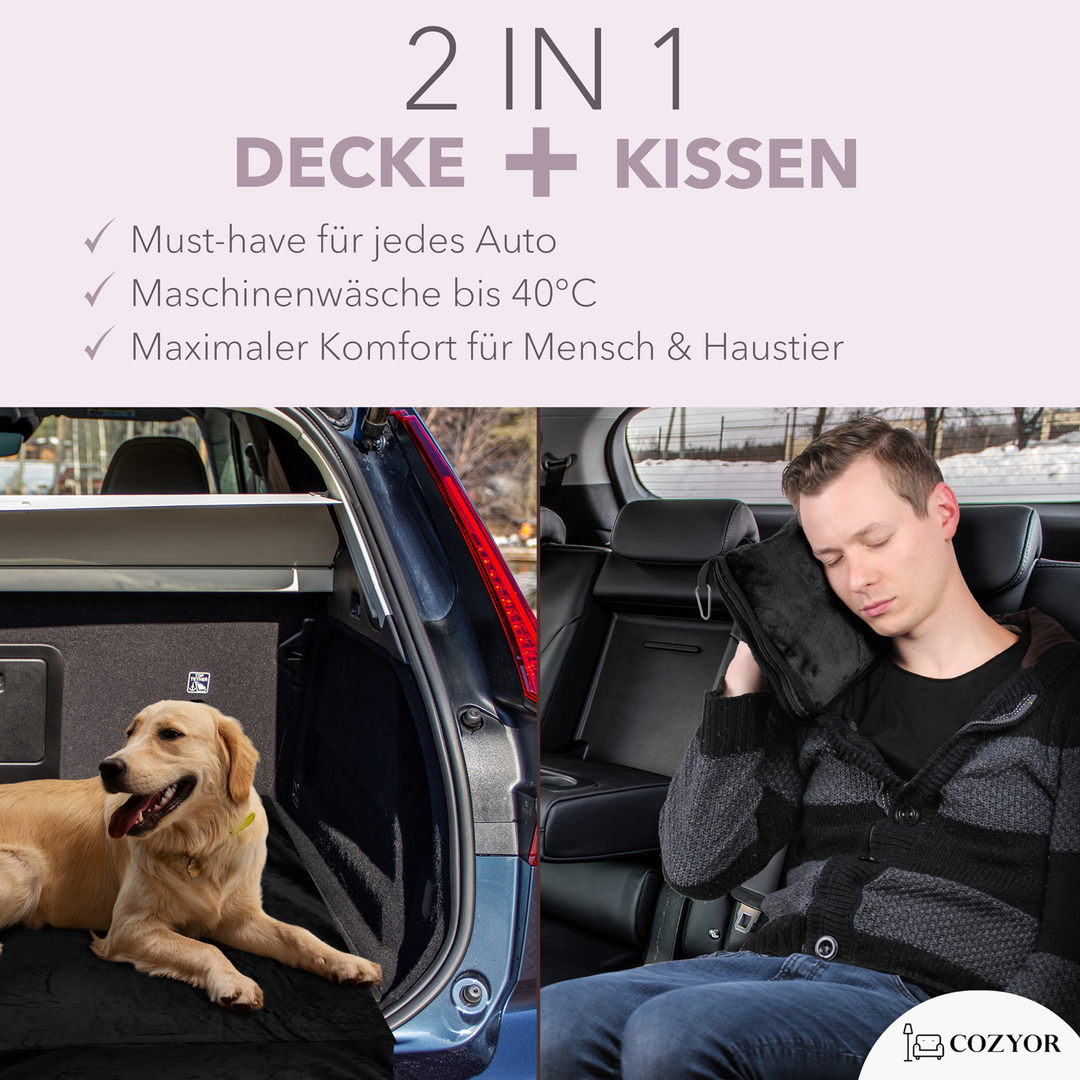 Reisekissen und Reisedecke 2 in 1, Reiseset kuschelig weich + Rucksack-Clip