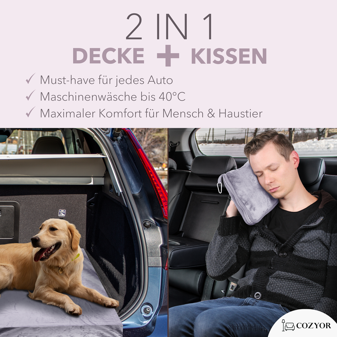 Reisekissen und Reisedecke 2 in 1, Reiseset kuschelig weich + Rucksack-Clip