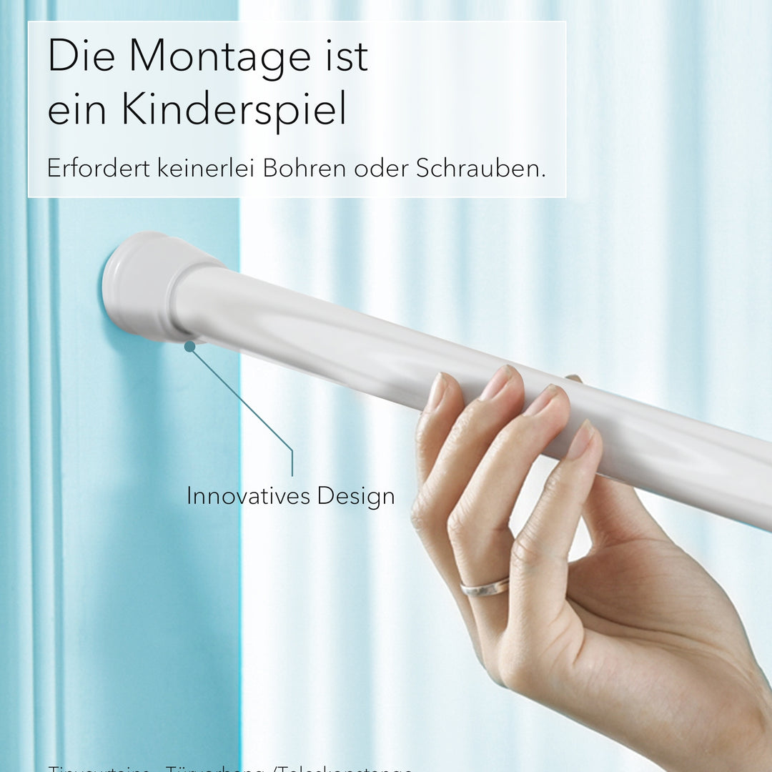 Premium Teleskopstange, 1-Minuten-Montage ohne Bohren, als Duschvorhangstange, für Schranksysteme & Nischen, Perfekte Passform & Eleganz trifft auf Funktionalität