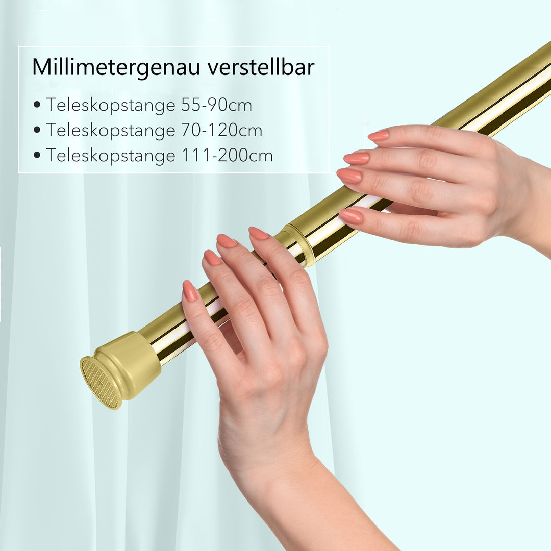 Premium Teleskopstange, 1-Minuten-Montage ohne Bohren, als Duschvorhangstange, für Schranksysteme & Nischen, Perfekte Passform & Eleganz trifft auf Funktionalität