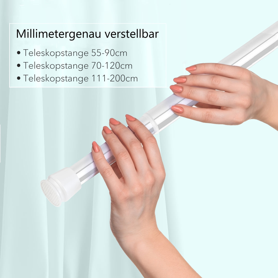 Premium Teleskopstange, 1-Minuten-Montage ohne Bohren, als Duschvorhangstange, für Schranksysteme & Nischen, Perfekte Passform & Eleganz trifft auf Funktionalität
