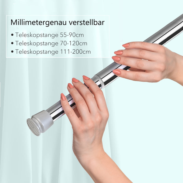 Premium Teleskopstange, 1-Minuten-Montage ohne Bohren, als Duschvorhangstange, für Schranksysteme & Nischen, Perfekte Passform & Eleganz trifft auf Funktionalität