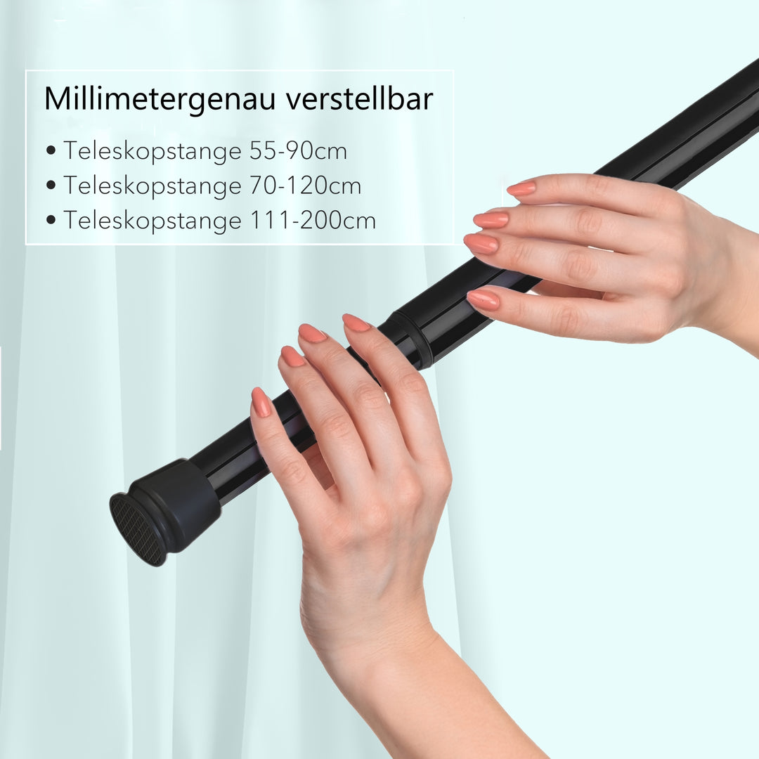 Premium Teleskopstange, 1-Minuten-Montage ohne Bohren, als Duschvorhangstange, für Schranksysteme & Nischen, Perfekte Passform & Eleganz trifft auf Funktionalität