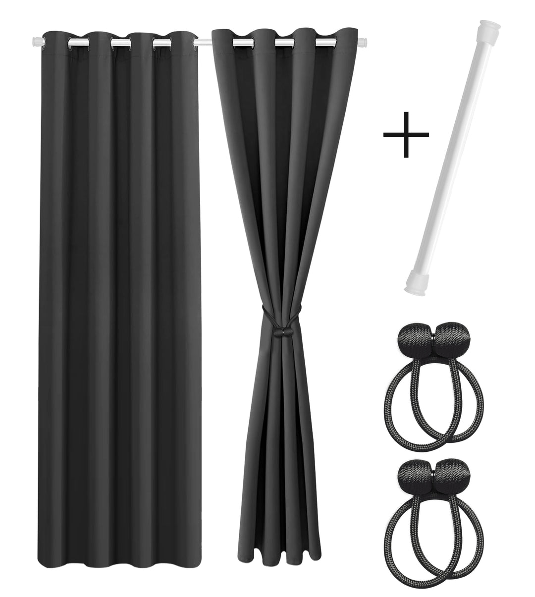 Cozyor Set ohne Bohren: 2x Fenster-Vorhang + 1x Klemmstange + 2x Raffhalter mit Magnet blickdicht & verdunkelnd, als Raumteiler, Fenster & Tür Thermovorhang