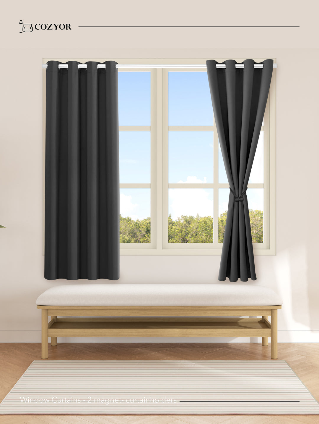 Cozyor Set ohne Bohren: 2x Fenster-Vorhang + 1x Klemmstange + 2x Raffhalter mit Magnet blickdicht & verdunkelnd, als Raumteiler, Fenster & Tür Thermovorhang