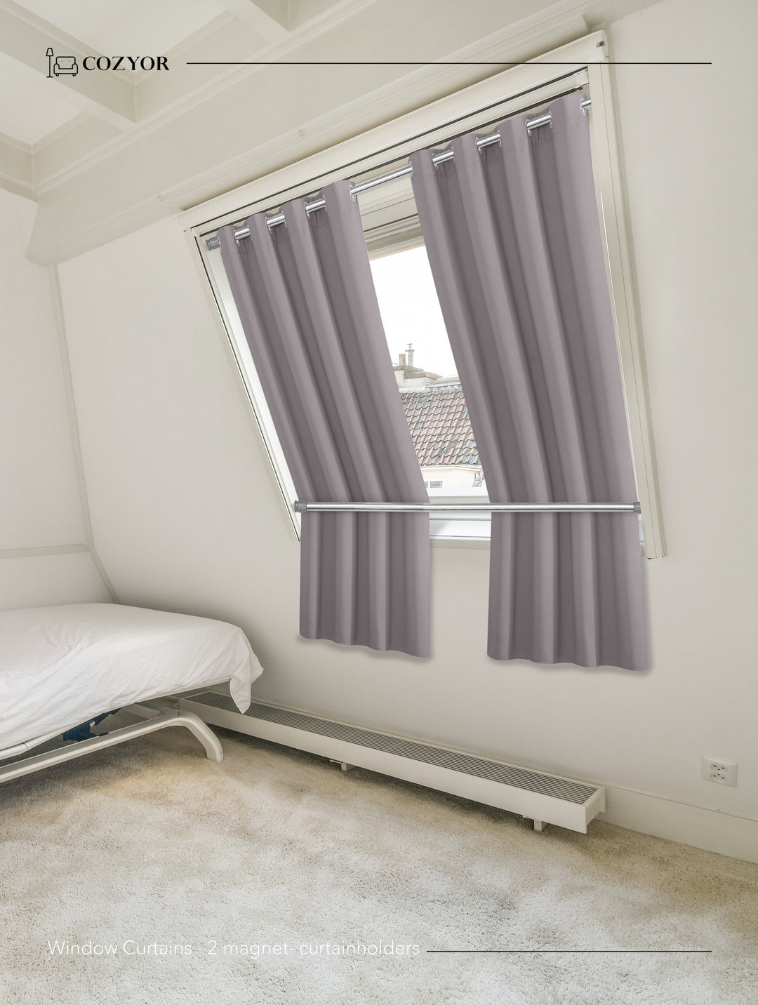 Cozyor Set ohne Bohren: 2x Fenster-Vorhang + 1x Klemmstange + 2x Raffhalter mit Magnet blickdicht & verdunkelnd, als Raumteiler, Fenster & Tür Thermovorhang