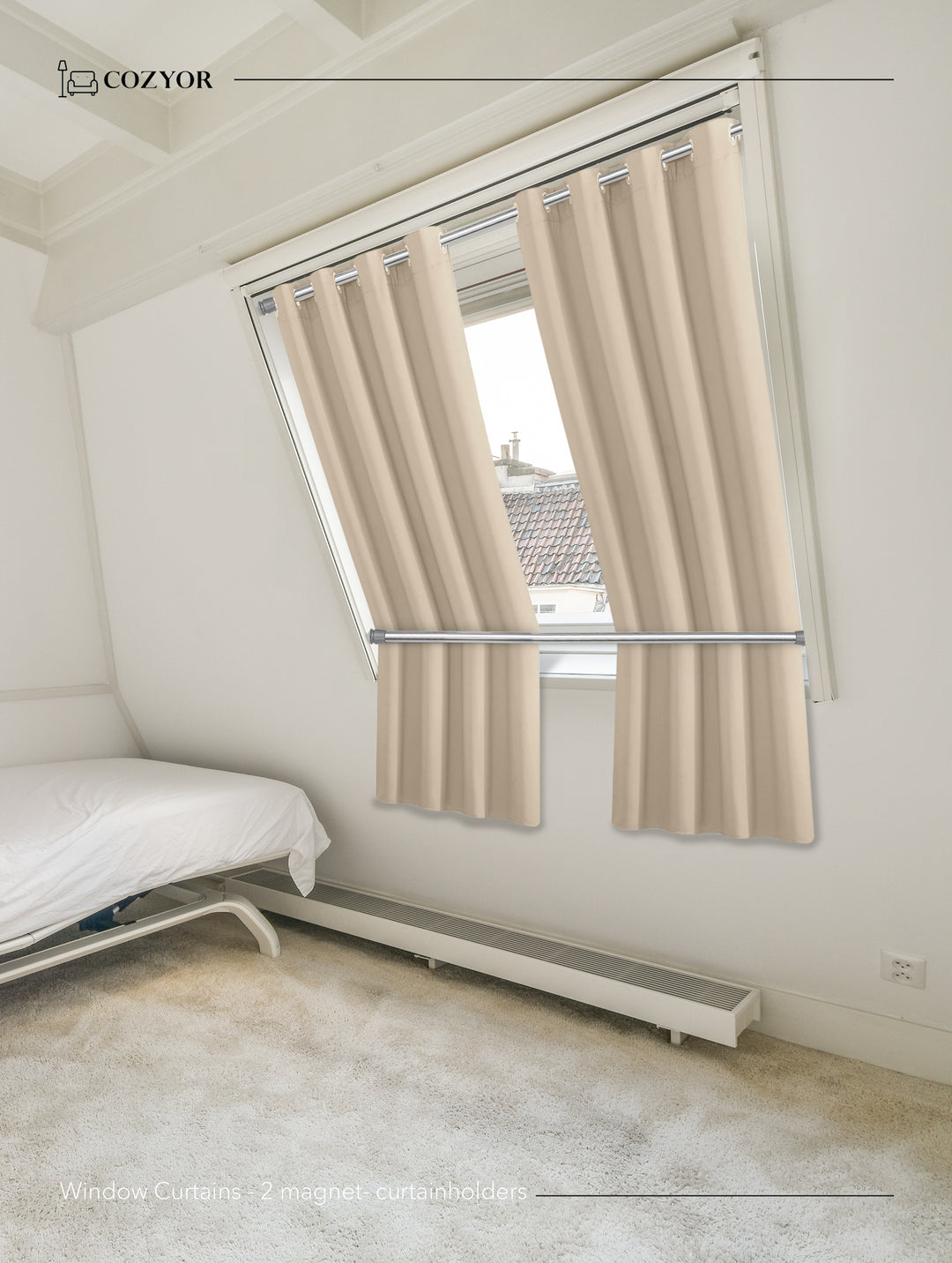 Cozyor Set ohne Bohren: 2x Fenster-Vorhang + 1x Klemmstange + 2x Raffhalter mit Magnet blickdicht & verdunkelnd, als Raumteiler, Fenster & Tür Thermovorhang