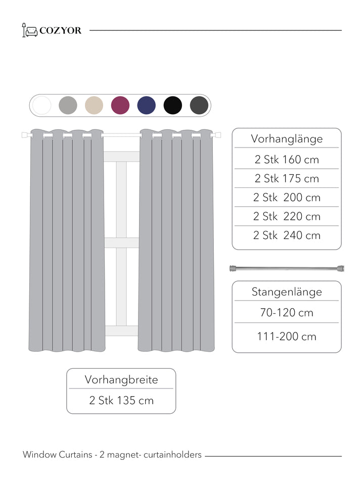 Cozyor 2x blickdichte Vorhänge + 2x Raffhalter mit Magnet, Thermogardine gegen Kälte 100% verdunkelnd, Gardine mit Ösen für Schlafzimmer, Wohnzimmer, Kinderzimmer