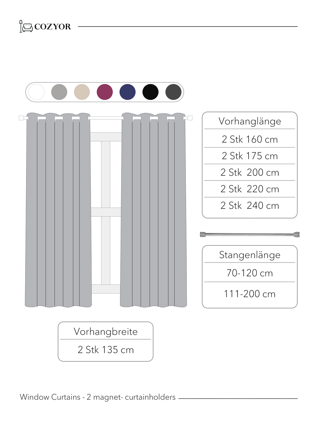 Cozyor Set ohne Bohren: 2x Fenster-Vorhang + 1x Klemmstange + 2x Raffhalter mit Magnet blickdicht & verdunkelnd, als Raumteiler, Fenster & Tür Thermovorhang