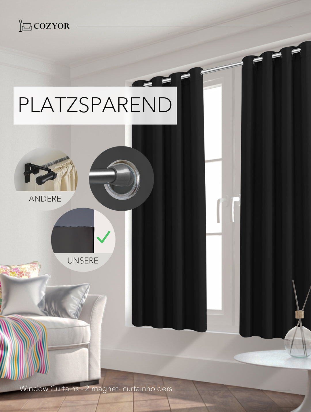 Cozyor 2x blickdichte Vorhänge + 2x Raffhalter mit Magnet, Thermogardine gegen Kälte 100% verdunkelnd, Gardine mit Ösen für Schlafzimmer, Wohnzimmer, Kinderzimmer