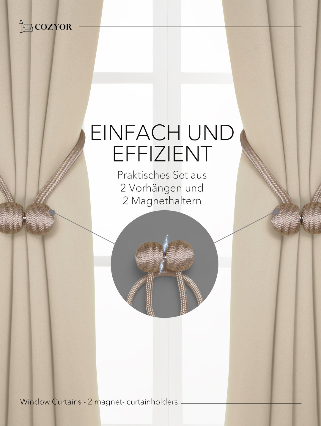 Cozyor Set ohne Bohren: 2x Fenster-Vorhang + 1x Klemmstange + 2x Raffhalter mit Magnet blickdicht & verdunkelnd, als Raumteiler, Fenster & Tür Thermovorhang