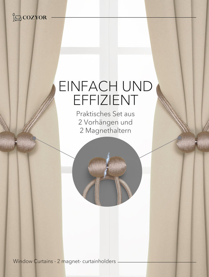 Cozyor Set ohne Bohren: 2x Fenster-Vorhang + 1x Klemmstange + 2x Raffhalter mit Magnet blickdicht & verdunkelnd, als Raumteiler, Fenster & Tür Thermovorhang