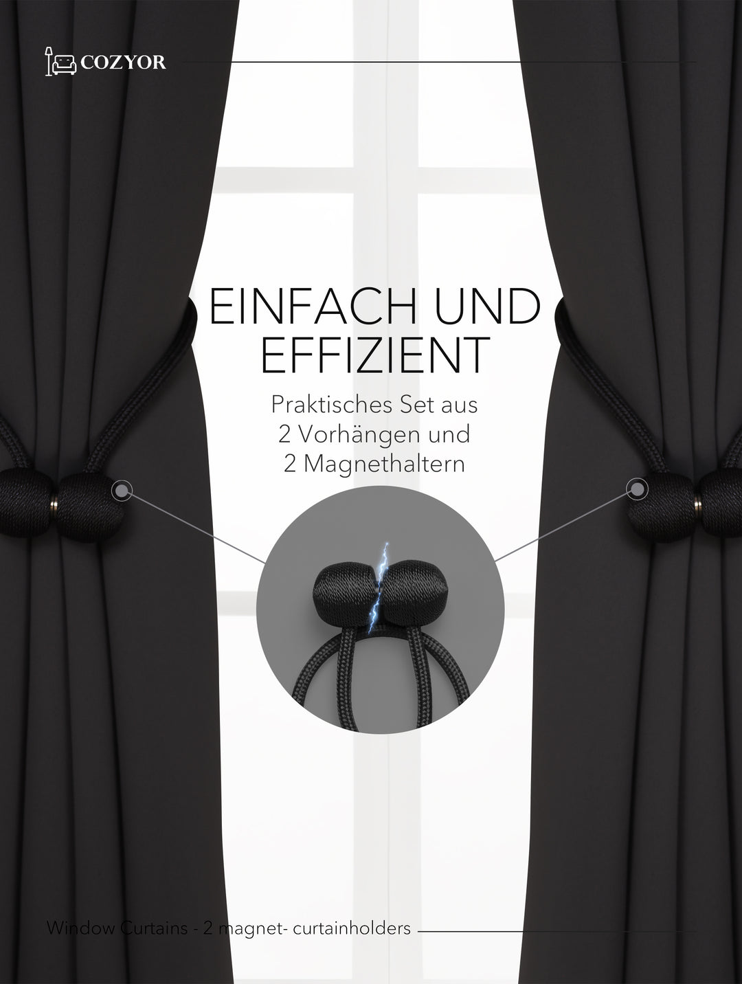 Cozyor Set ohne Bohren: 2x Fenster-Vorhang + 1x Klemmstange + 2x Raffhalter mit Magnet blickdicht & verdunkelnd, als Raumteiler, Fenster & Tür Thermovorhang