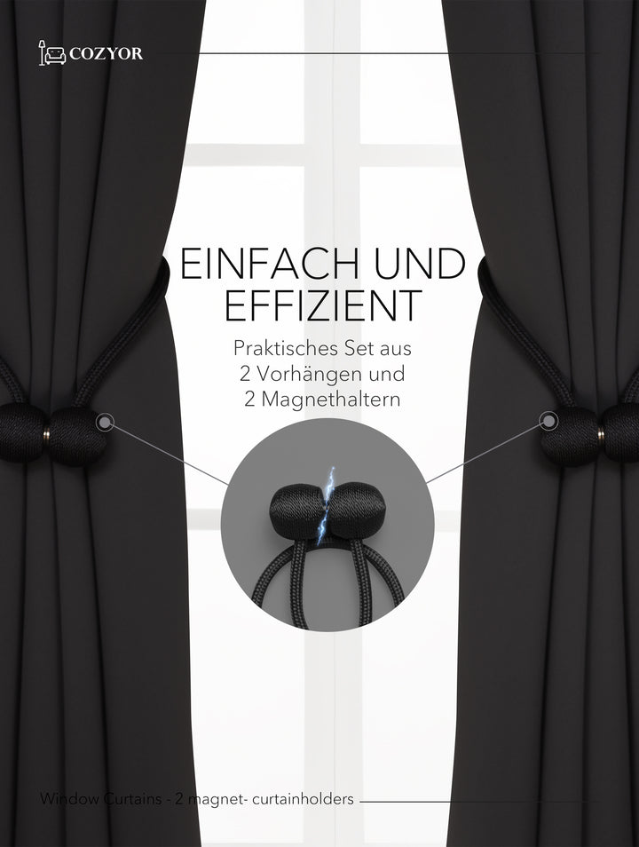 Cozyor Set ohne Bohren: 2x Fenster-Vorhang + 1x Klemmstange + 2x Raffhalter mit Magnet blickdicht & verdunkelnd, als Raumteiler, Fenster & Tür Thermovorhang