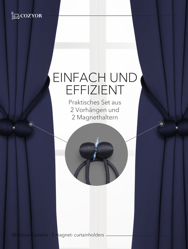 Cozyor Set ohne Bohren: 2x Fenster-Vorhang + 1x Klemmstange + 2x Raffhalter mit Magnet blickdicht & verdunkelnd, als Raumteiler, Fenster & Tür Thermovorhang