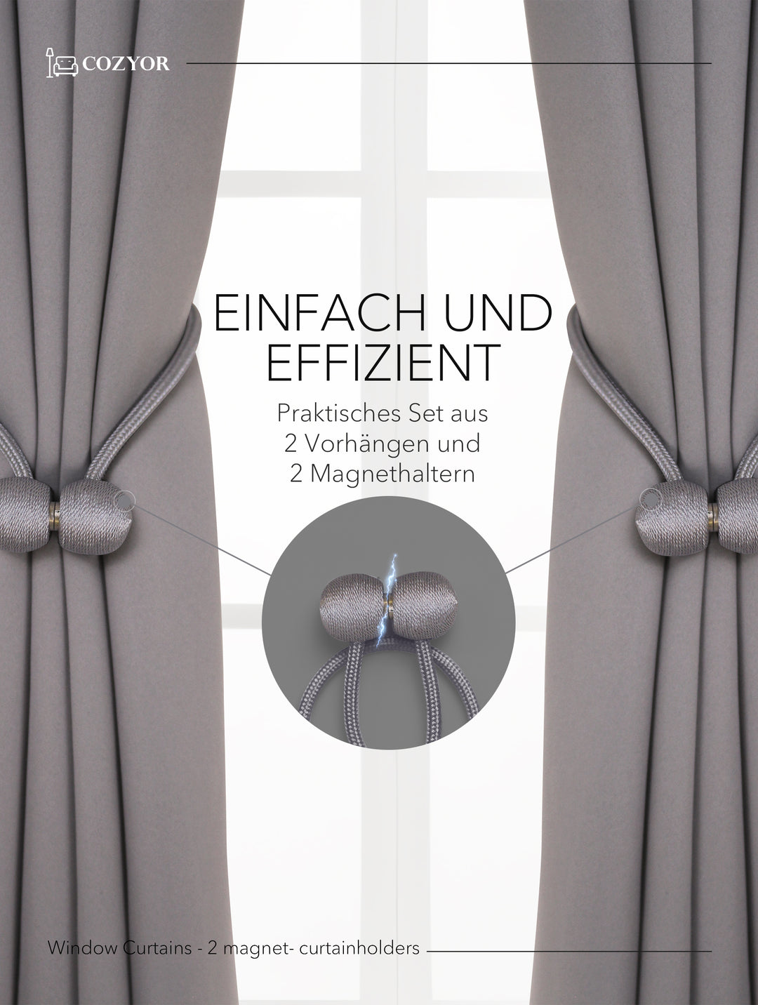 Cozyor 2x blickdichte Vorhänge + 2x Raffhalter mit Magnet, Thermogardine gegen Kälte 100% verdunkelnd, Gardine mit Ösen für Schlafzimmer, Wohnzimmer, Kinderzimmer