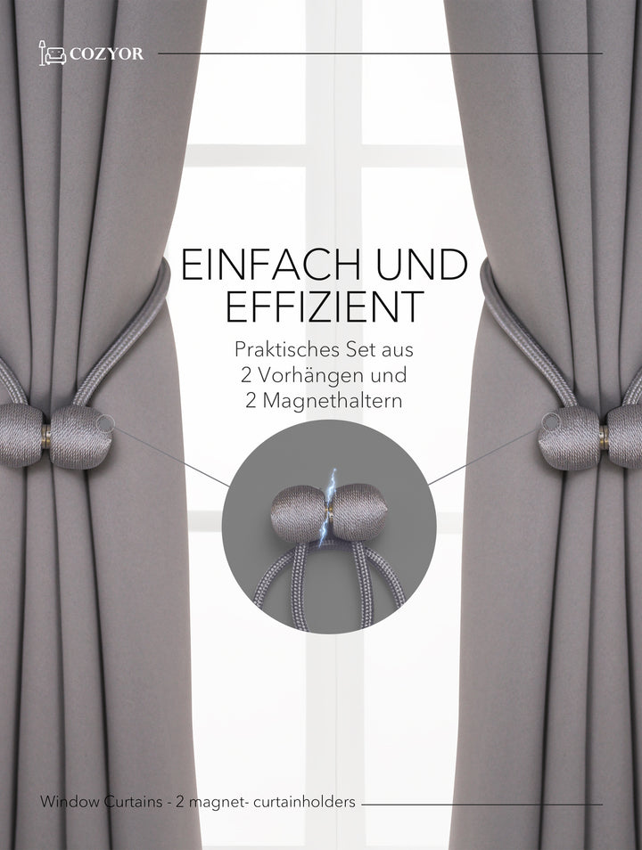 Cozyor Set ohne Bohren: 2x Fenster-Vorhang + 1x Klemmstange + 2x Raffhalter mit Magnet blickdicht & verdunkelnd, als Raumteiler, Fenster & Tür Thermovorhang