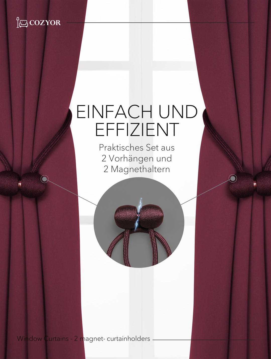 Cozyor Set ohne Bohren: 2x Fenster-Vorhang + 1x Klemmstange + 2x Raffhalter mit Magnet blickdicht & verdunkelnd, als Raumteiler, Fenster & Tür Thermovorhang