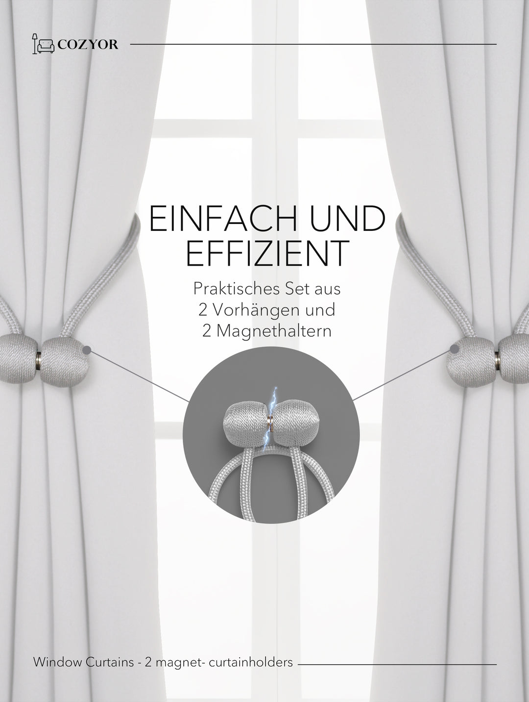 Cozyor Set ohne Bohren: 2x Fenster-Vorhang + 1x Klemmstange + 2x Raffhalter mit Magnet blickdicht & verdunkelnd, als Raumteiler, Fenster & Tür Thermovorhang