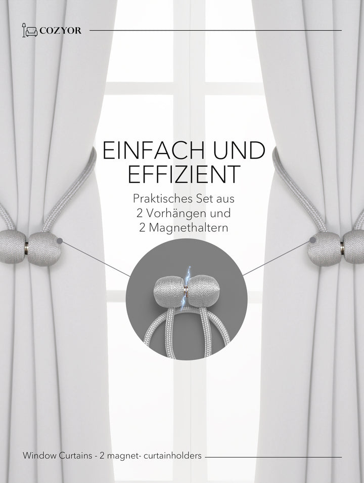 Cozyor Set ohne Bohren: 2x Fenster-Vorhang + 1x Klemmstange + 2x Raffhalter mit Magnet blickdicht & verdunkelnd, als Raumteiler, Fenster & Tür Thermovorhang