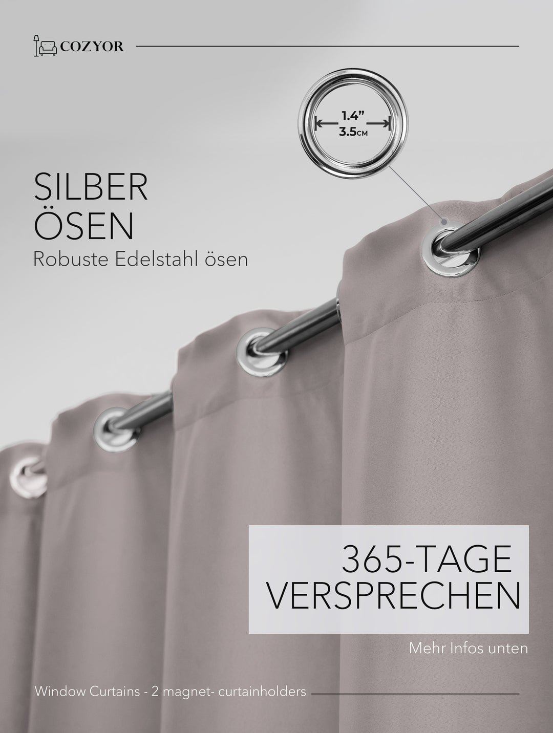 Cozyor Set ohne Bohren: 2x Fenster-Vorhang + 1x Klemmstange + 2x Raffhalter mit Magnet blickdicht & verdunkelnd, als Raumteiler, Fenster & Tür Thermovorhang