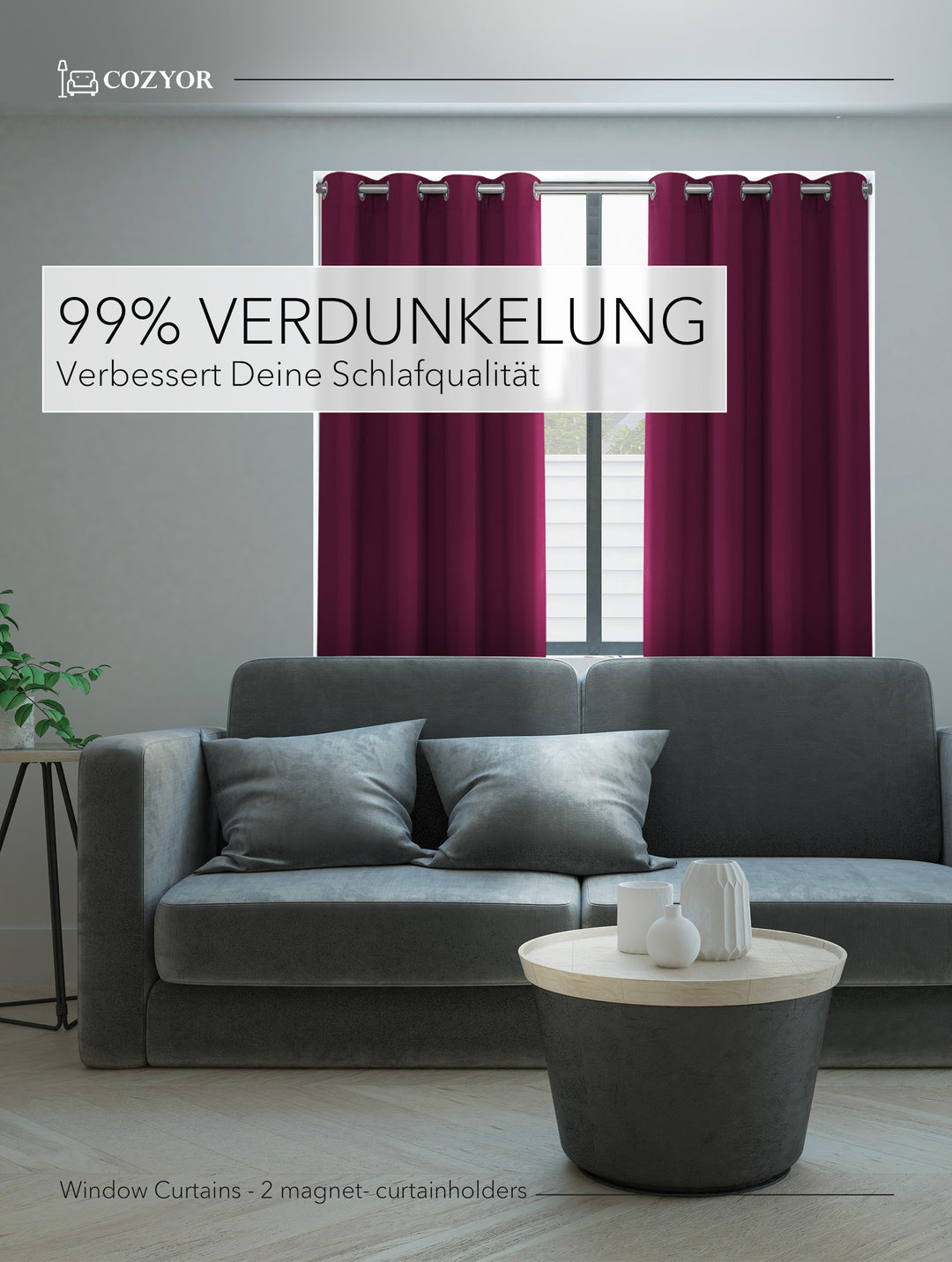 Cozyor Set ohne Bohren: 2x Fenster-Vorhang + 1x Klemmstange + 2x Raffhalter mit Magnet blickdicht & verdunkelnd, als Raumteiler, Fenster & Tür Thermovorhang