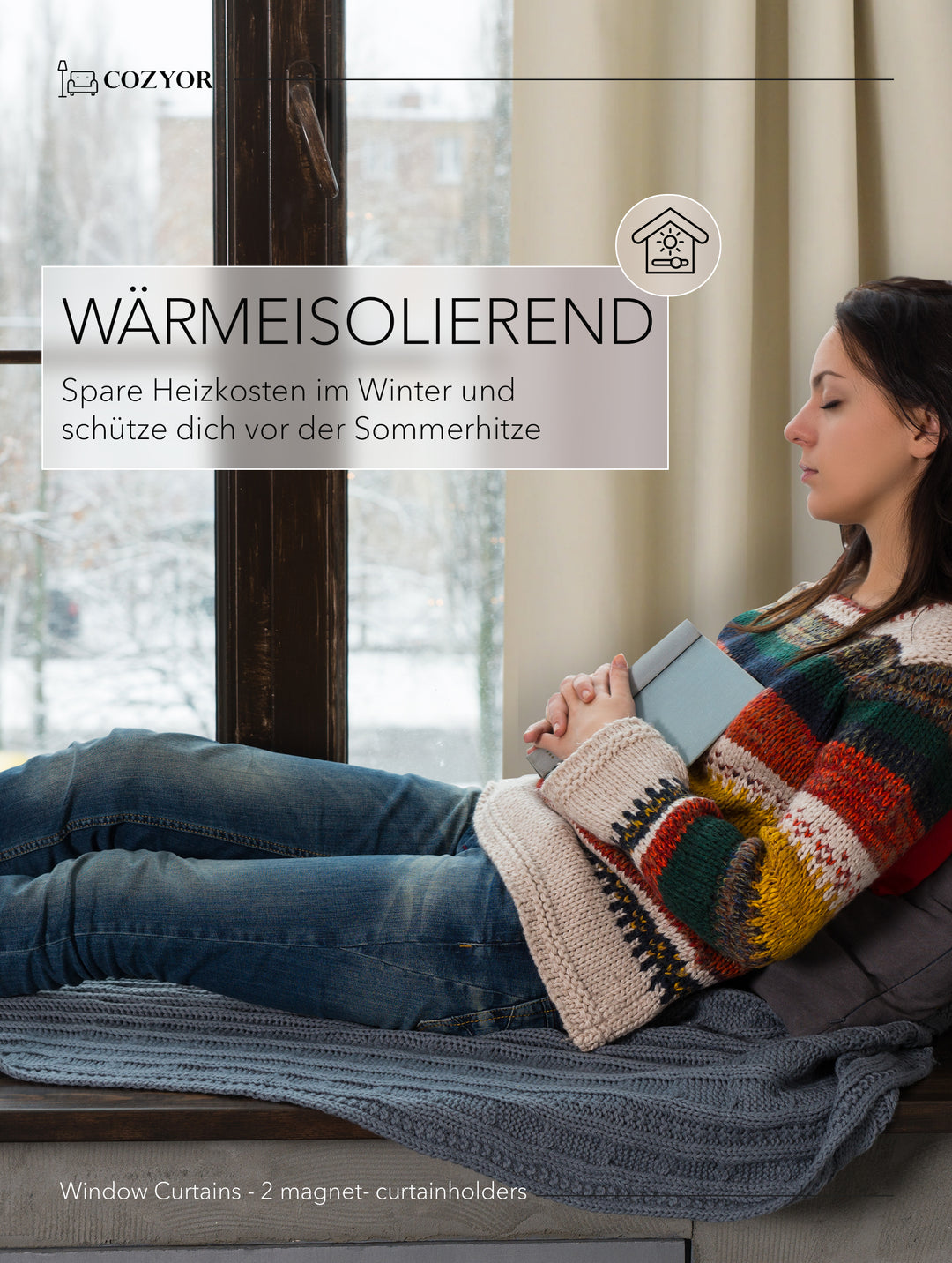 Cozyor 2x blickdichte Vorhänge + 2x Raffhalter mit Magnet, Thermogardine gegen Kälte 100% verdunkelnd, Gardine mit Ösen für Schlafzimmer, Wohnzimmer, Kinderzimmer