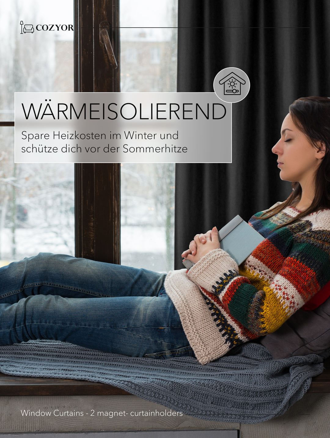 Cozyor 2x blickdichte Vorhänge + 2x Raffhalter mit Magnet, Thermogardine gegen Kälte 100% verdunkelnd, Gardine mit Ösen für Schlafzimmer, Wohnzimmer, Kinderzimmer