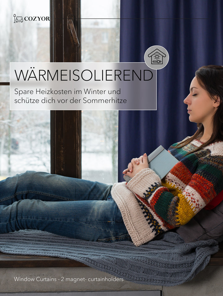 Cozyor 2x blickdichte Vorhänge + 2x Raffhalter mit Magnet, Thermogardine gegen Kälte 100% verdunkelnd, Gardine mit Ösen für Schlafzimmer, Wohnzimmer, Kinderzimmer