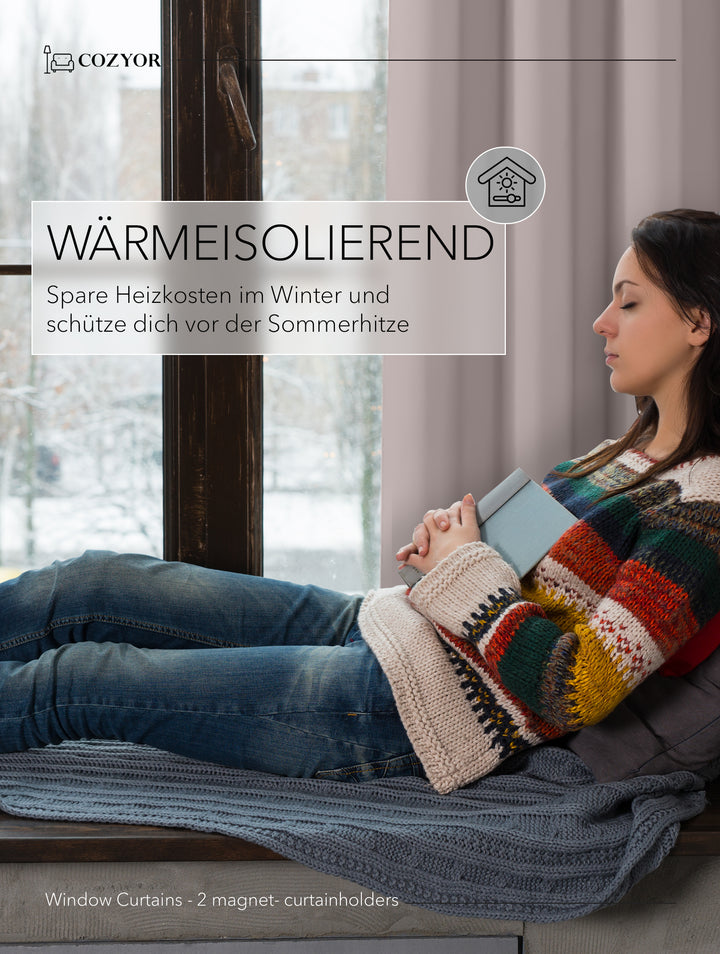 Cozyor 2x blickdichte Vorhänge + 2x Raffhalter mit Magnet, Thermogardine gegen Kälte 100% verdunkelnd, Gardine mit Ösen für Schlafzimmer, Wohnzimmer, Kinderzimmer