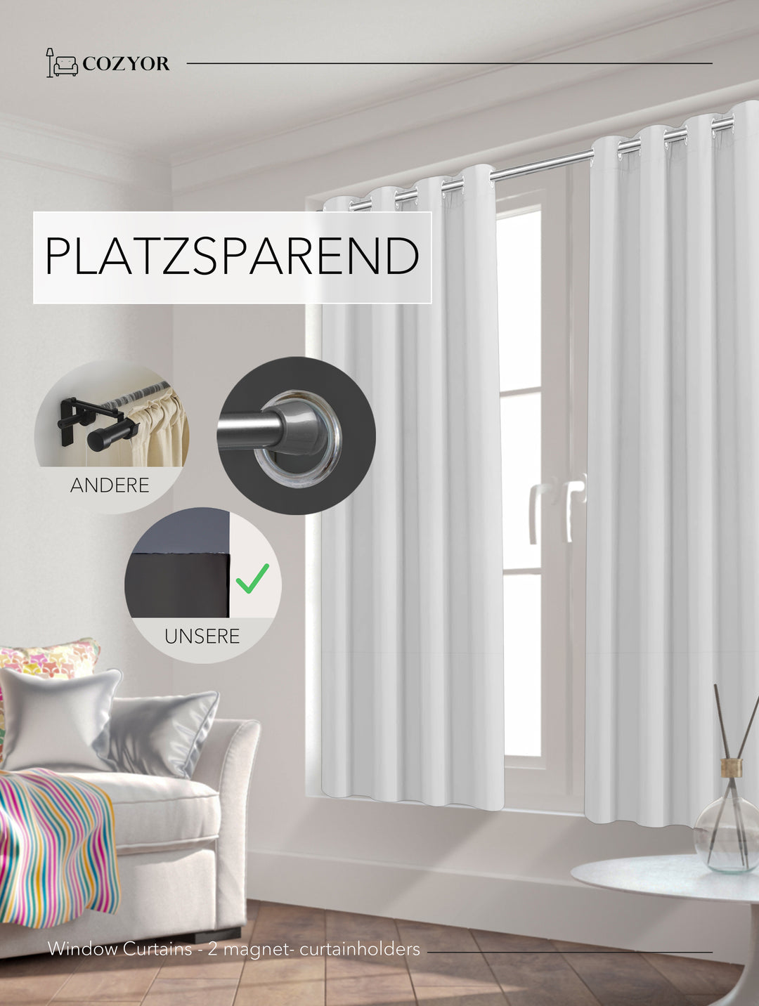 Cozyor 2x blickdichte Vorhänge + 2x Raffhalter mit Magnet, Thermogardine gegen Kälte 100% verdunkelnd, Gardine mit Ösen für Schlafzimmer, Wohnzimmer, Kinderzimmer